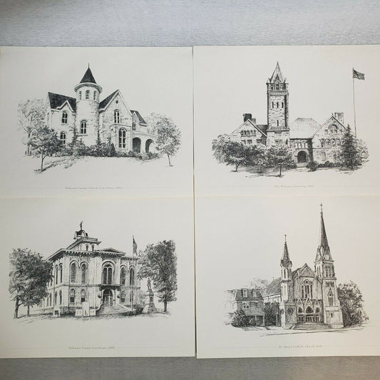 Four Drawings by Delaware Ohio Artist Jacque Cross Architectural Artwork 14"x11"