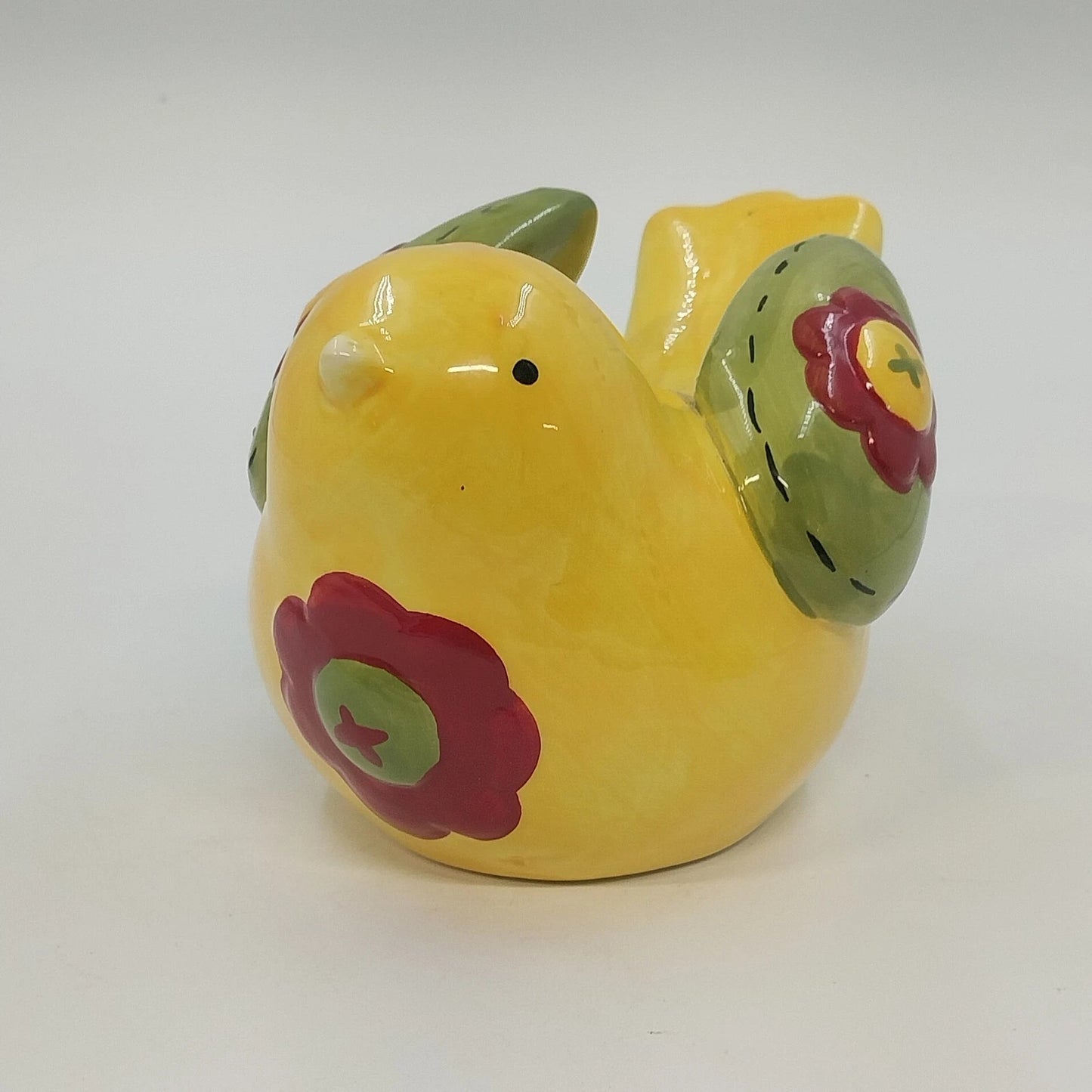 Whimsical Yellow Ceramic Bird Figurine Floral Folk Art Home Decor 7" Farmhouse