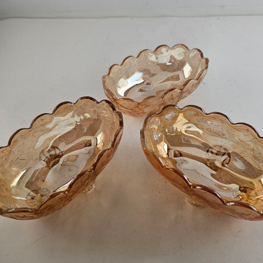 3 Jeanette Iridescent Footed Bowls Marigold Dish Flora Gold Louisiana Vintage