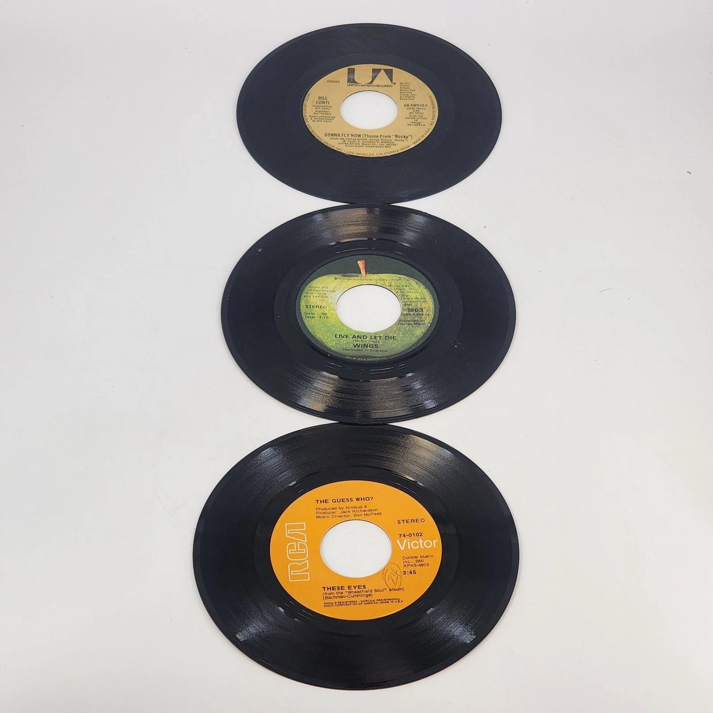 1970s 3-Pack 45RPM Vinyl Wings Guess Who Rocky Theme Records