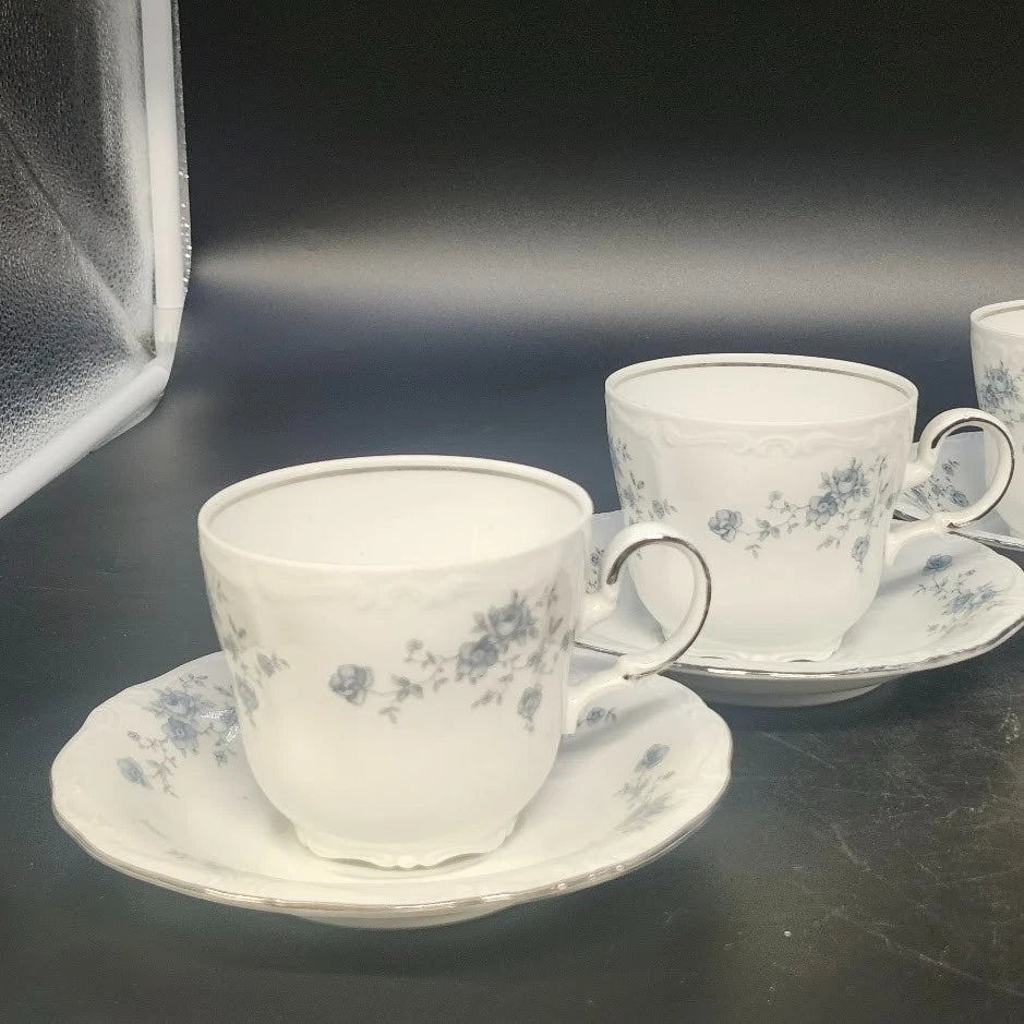 Johann Haviland 4 Cups & Saucers Set Bavaria Germany Blue Garland Floral Vintage