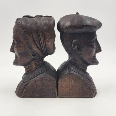 Hand Carved Wood Bookends Man & Woman Bust Folk Art Black Forest Vintage