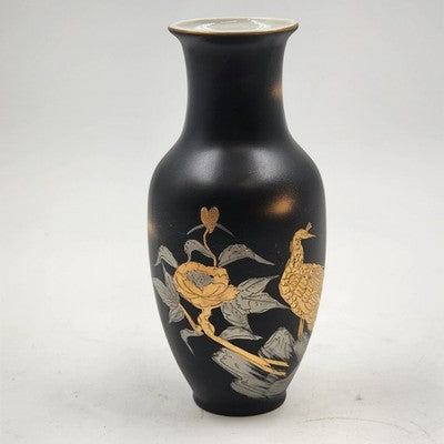 Vintage Kutani Japan Black Porcelain Vase – 8" Hand-Painted with 24K Gold Detailing, White Glazed Interior – Collectible Japanese Art Pottery