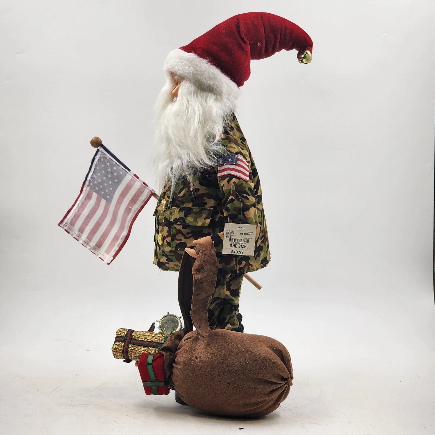 Camouflage Santa Claus Tabletop Figurine 19" Christmas US Flag Bag of Gifts NWT