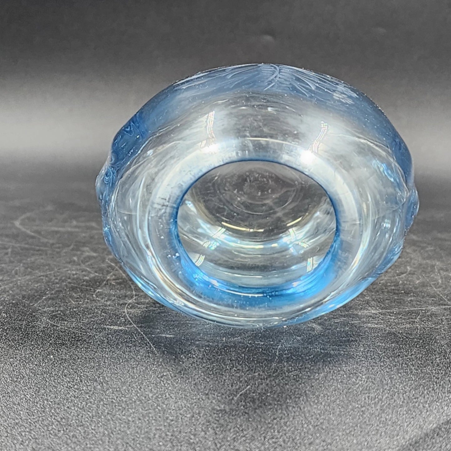 Hand Blown Blue Tint Glass Vase Etched Floral Scandinavian Swedish Oval 6.75″