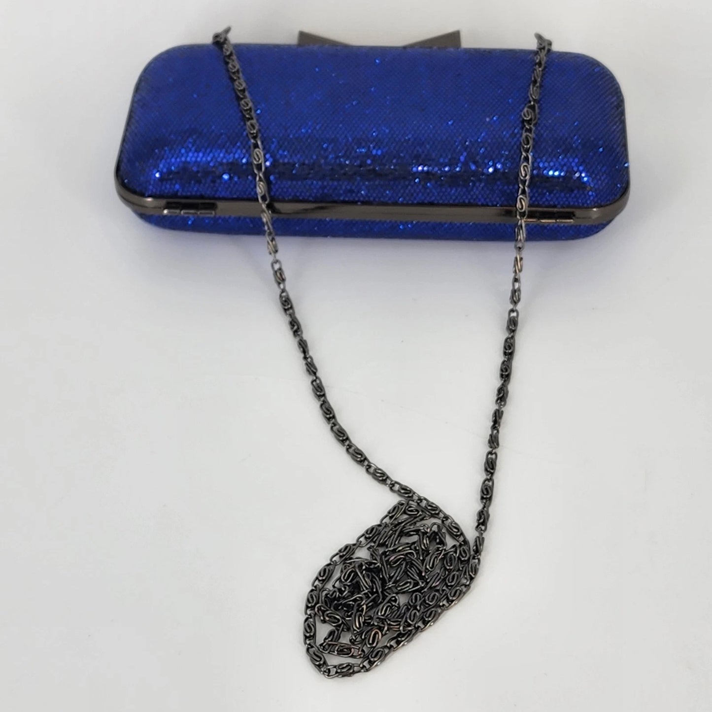 Blue Sparkle Bow Hard Shell Clutch Crossbody Purse Gunmetal Chain Strap 7"
