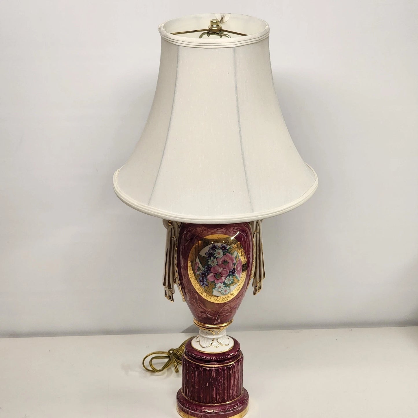 Italian Porcelain Table Lamp Urn on Pedestal Style White Bell Shaped Shade Vtg