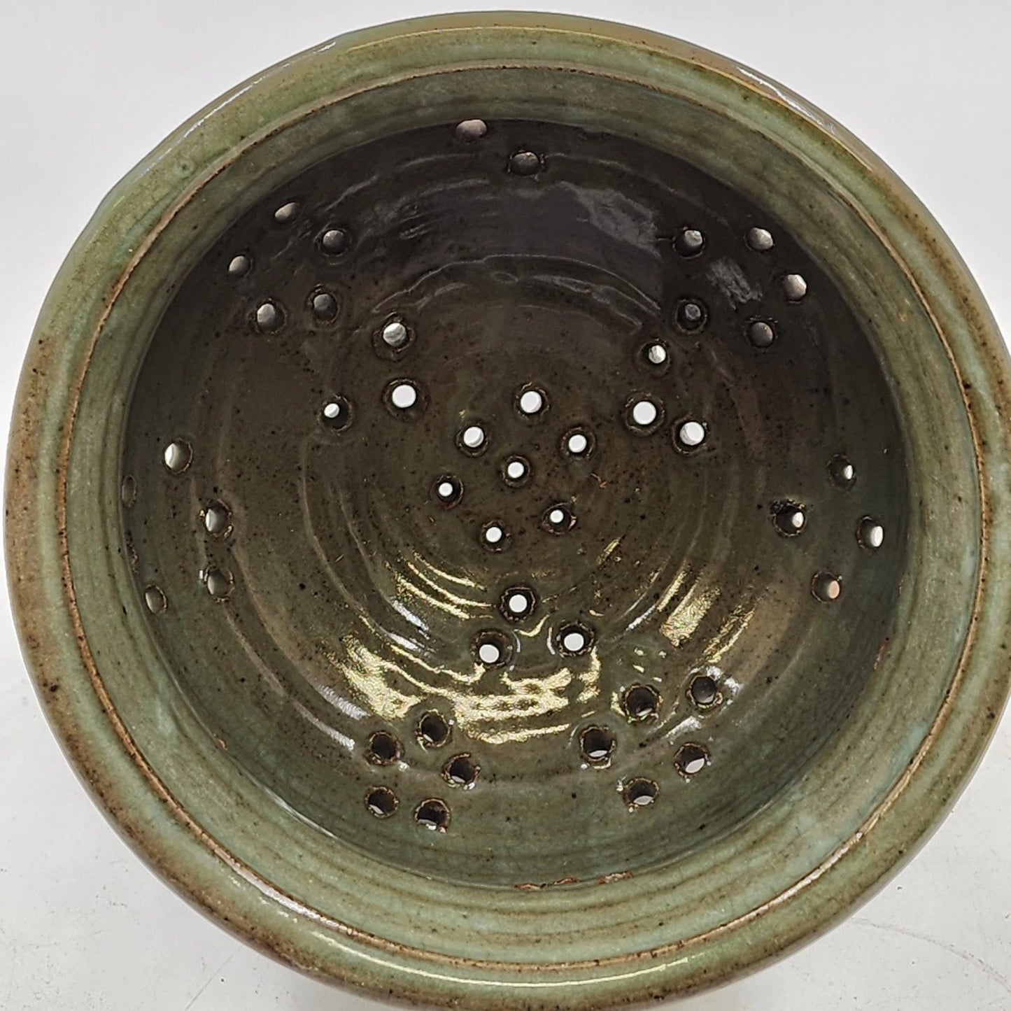 Handmade Pottery Berry Colander Strainer Green Studio Artisan Signed 7"