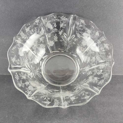 Flared Baroque 11.5" Clear Glass Bowl Fostoria Etched Chintz Pattern MCM Vintage