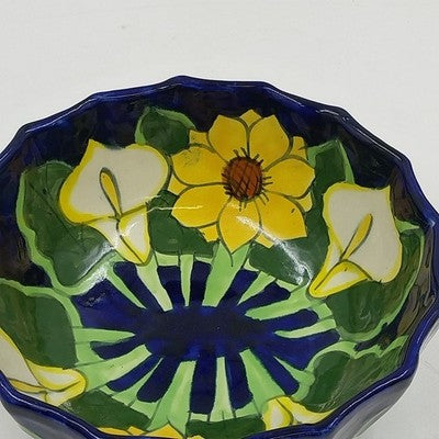 Mexican Folk Art Pottery Serving Bowl 8”x3" Talavera Sunflowers & Calla Lilies