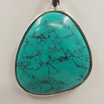 Silver Tone Turquoise Pendant Necklace Marbled Stone on Black Leather Cord