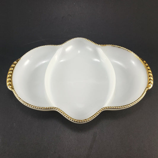 Fire King Oven Ware Divided White Milk Glass with Gold Trim 3-Part Dish Vintage