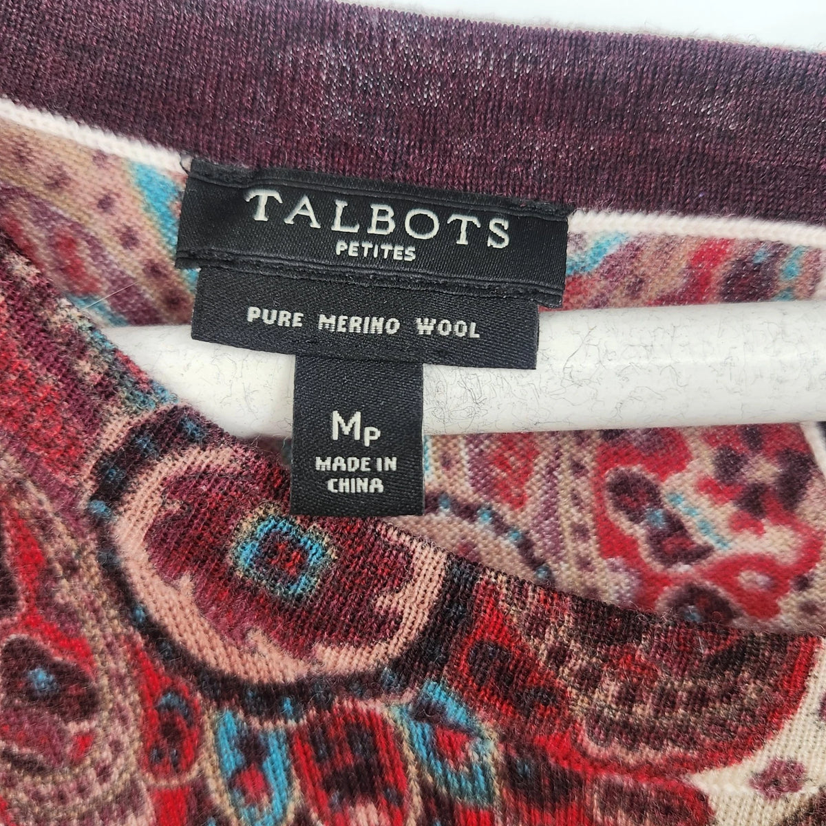 Talbots Petites Women's MP Opulent Paisley 100% Merino Wool Sweater Red Burgundy
