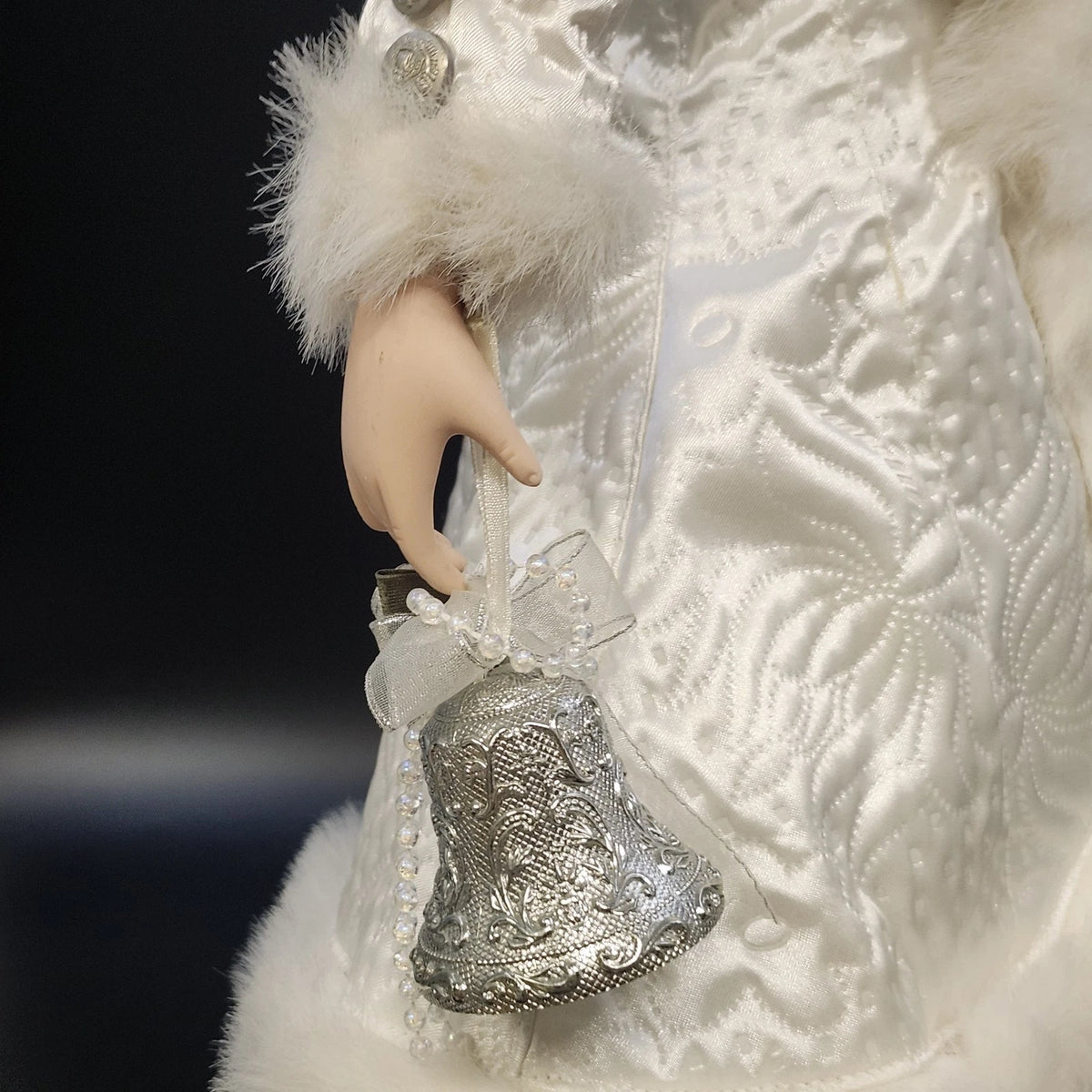 Porcelain Victorian Woman Ice Skater Doll White Faux Fur Gown Purse 21" Vintage