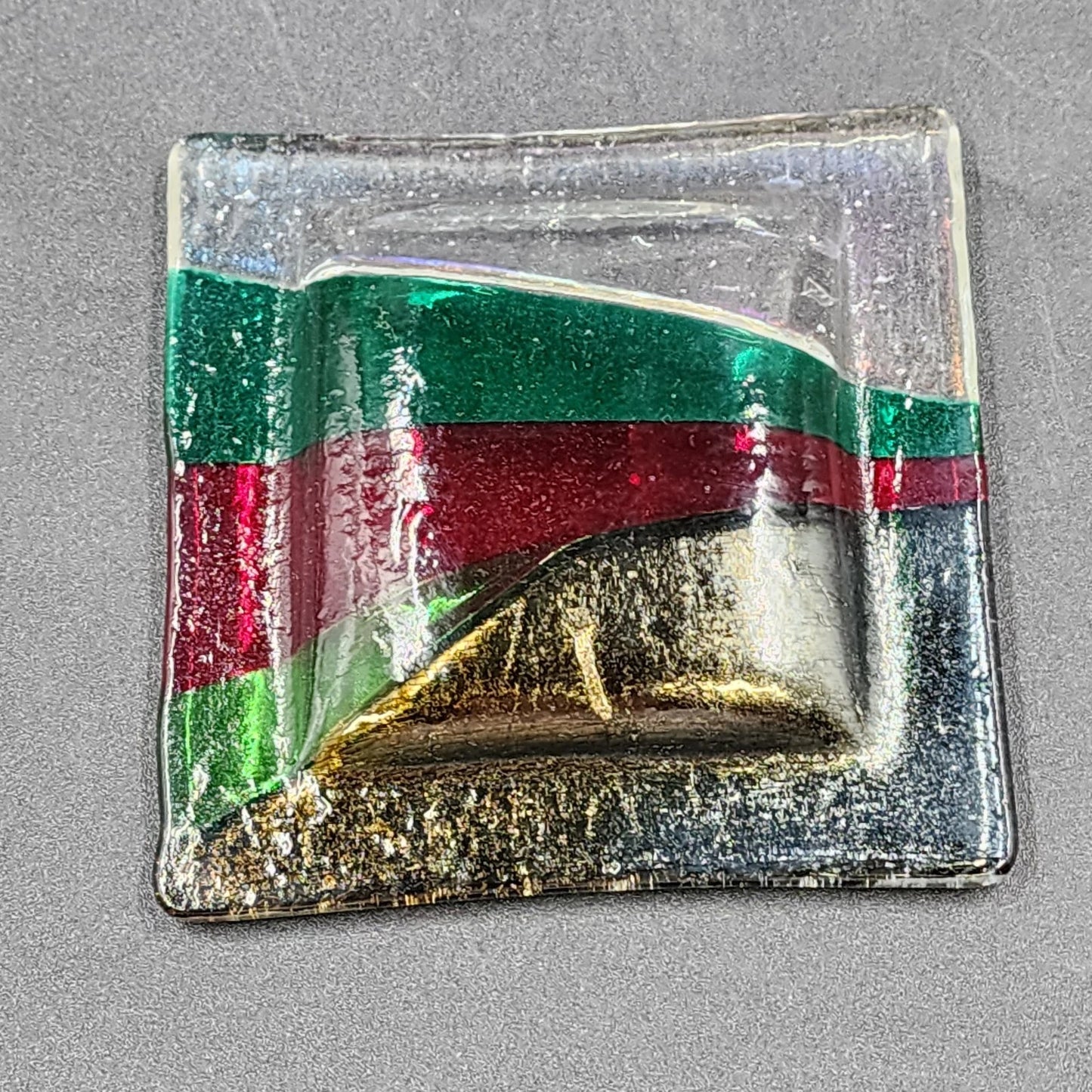 Gaya Studio Art Glass Square Dish Plate Red Green Clear Fused Modern Mid Century