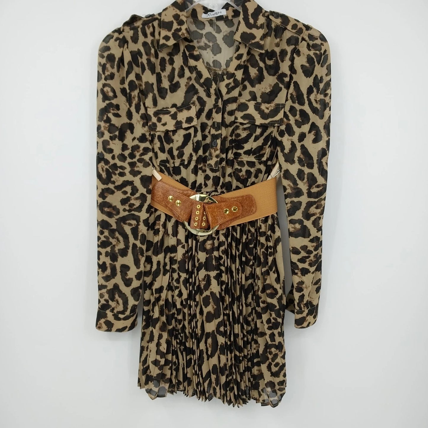 Xtaren Women's Leopard Print Sheer Pleated Mini Shirt Dress Long Sleeve Small