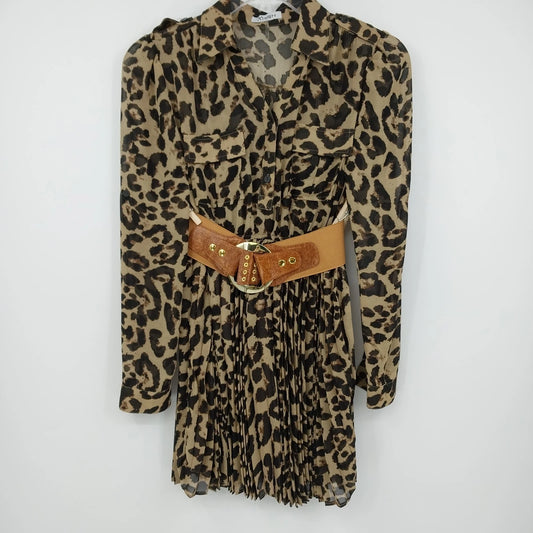 Xtaren Women's Leopard Print Sheer Pleated Mini Shirt Dress Long Sleeve Small