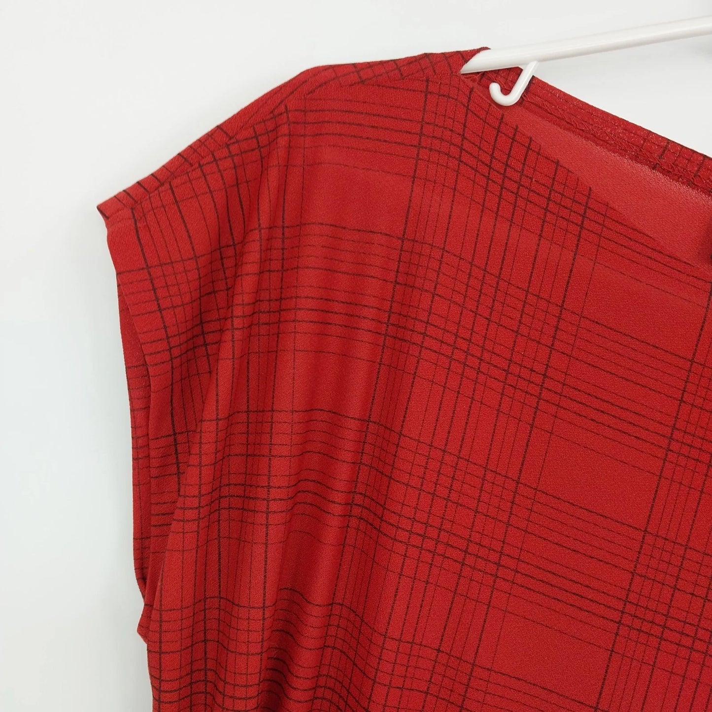 Strait Lane Red Plaid Dress Self-Tie Waist Women's 14 Short Sleeve Polyester 41"