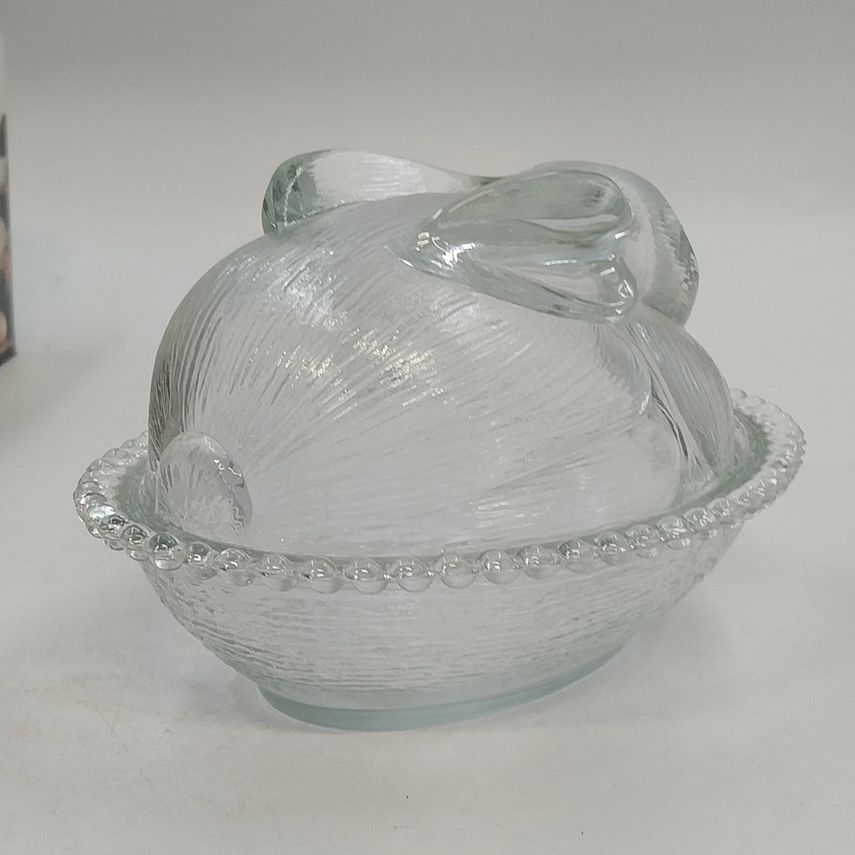 Indiana Glass Confections Bunny on Nest Candy Dish Clear Crystal w Lid USA Vtg