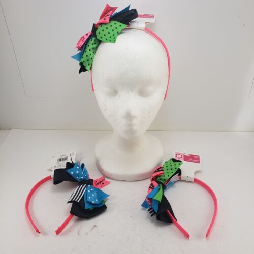 3 Little Girl Pink Cheerleading Headbands with Green Pink Blue Black Ribbons