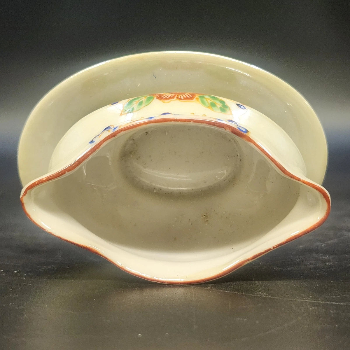 Porcelain Sauce Gravy Bowl with Underplate 3" Hand Painted Floral Rust Rim Japan