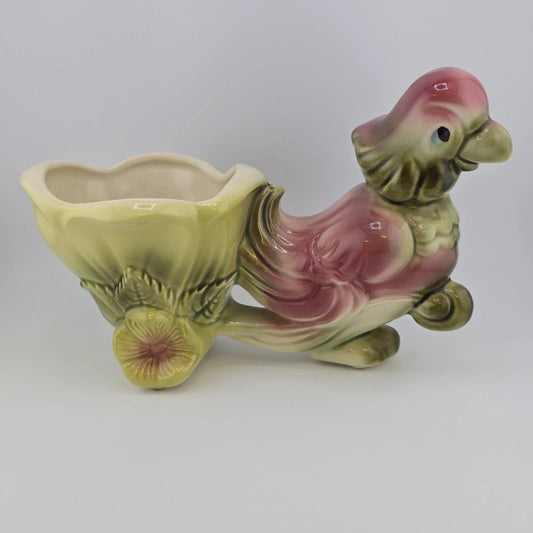 Hull Pottery #60 Planter Parrot Bird Flower Cart Pink Green Ceramic USA MCM