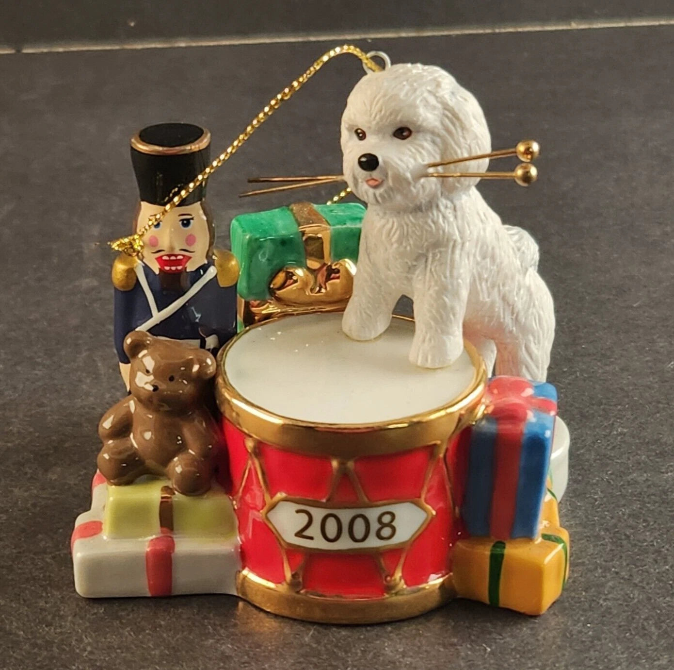 The Danbury Mint Christmas Ornament Drummer & Bichon Frise Dog 2008 Vintage