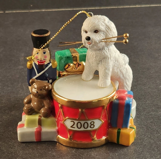 The Danbury Mint Christmas Ornament Drummer & Bichon Frise Dog 2008 Vintage