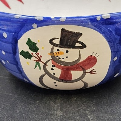 Large Serving Bowl 12" by Present Tense Italy Hand Painted Snowman & Holly Leaf
