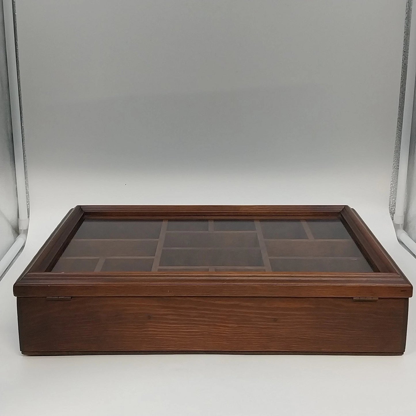 Wood Shadow Box Display Case Glass Door 14 Cubbies Wall Mount 16" Vintage