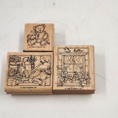 3 Wood Rubber Stamps Greeting Theme Bear Thank you Hello Stampin' Up! 1999
