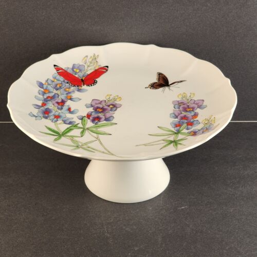 White China 10¼" Pedestal Cake Plate 4½" Tall Scalloped Edge Flowers Butterflies