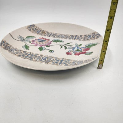 Large Embossed Platter Macau 12.5" Hand Painted Pink Blue Floral Design