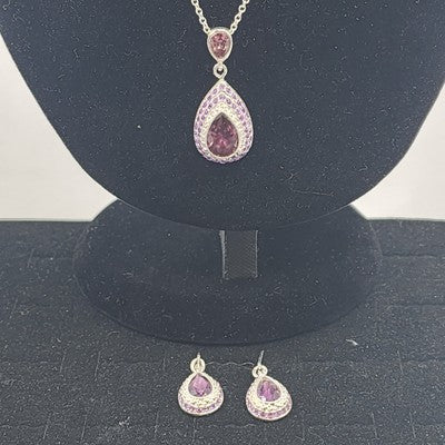 Silver Tone Chain Pear Cut Dangle Purple Rhinestone Amethyst Necklace & Earrings