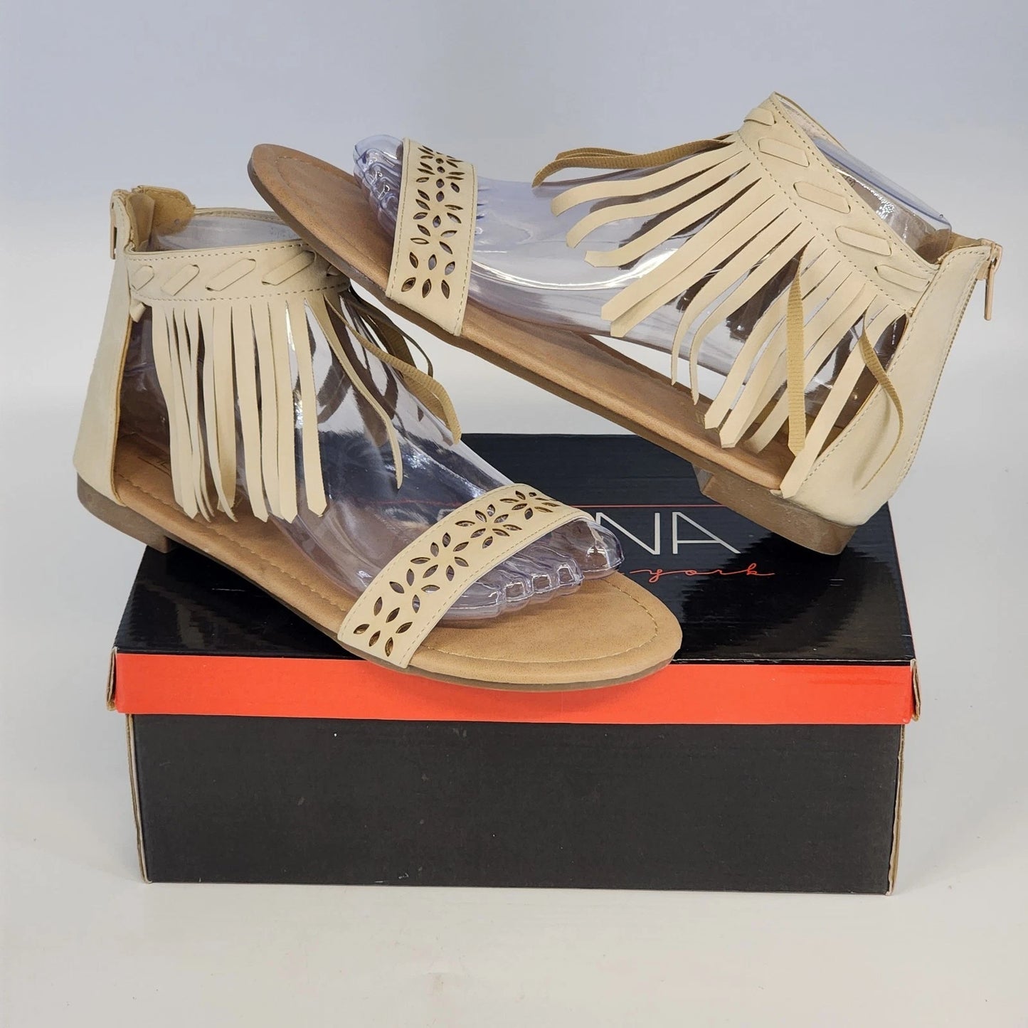 Adrianna Cathy-8 Beige Gladiator Sandals Women's 8 Fringe Ankle Height Zip NIB