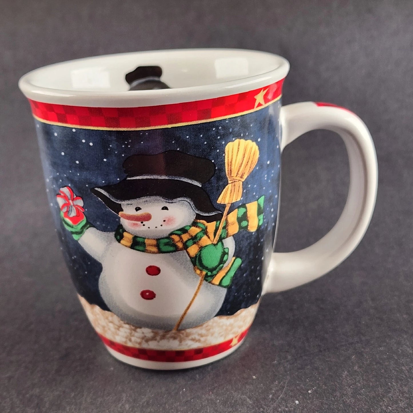 Snowman Ceramic Christmas Mug Night Scene Red Trim Hot Chocolate Cup 4.25" Vtg