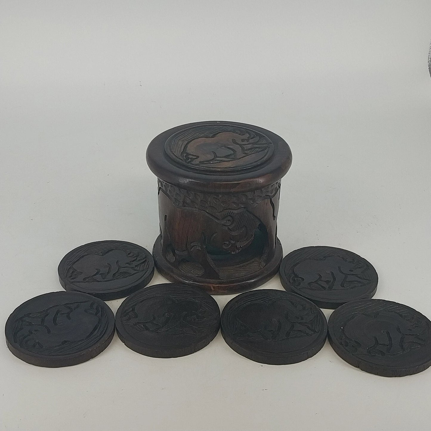 Hand Carved Wood Elephant Coaster Storage & Lid Set African Safari Barware Vtg