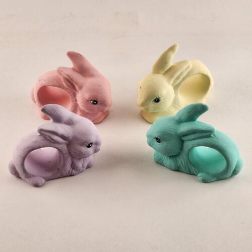 4 Bunny Pottery Napkin Rings Easter Decorations Pastel Pink Purple Yellow Blue