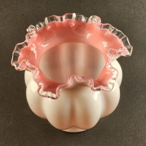 Fenton Vase Cranberry Overlay Melon White Silvercrest Ruffled Edge Vintage Glass