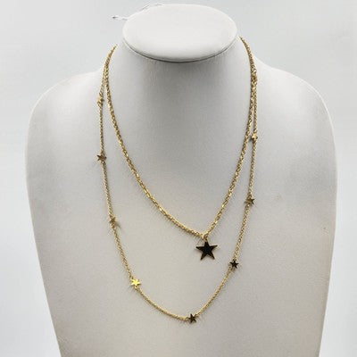 Gold Tone Figaro Chain with Charm Stars Two Strand Subtle Refined Necklace 12"