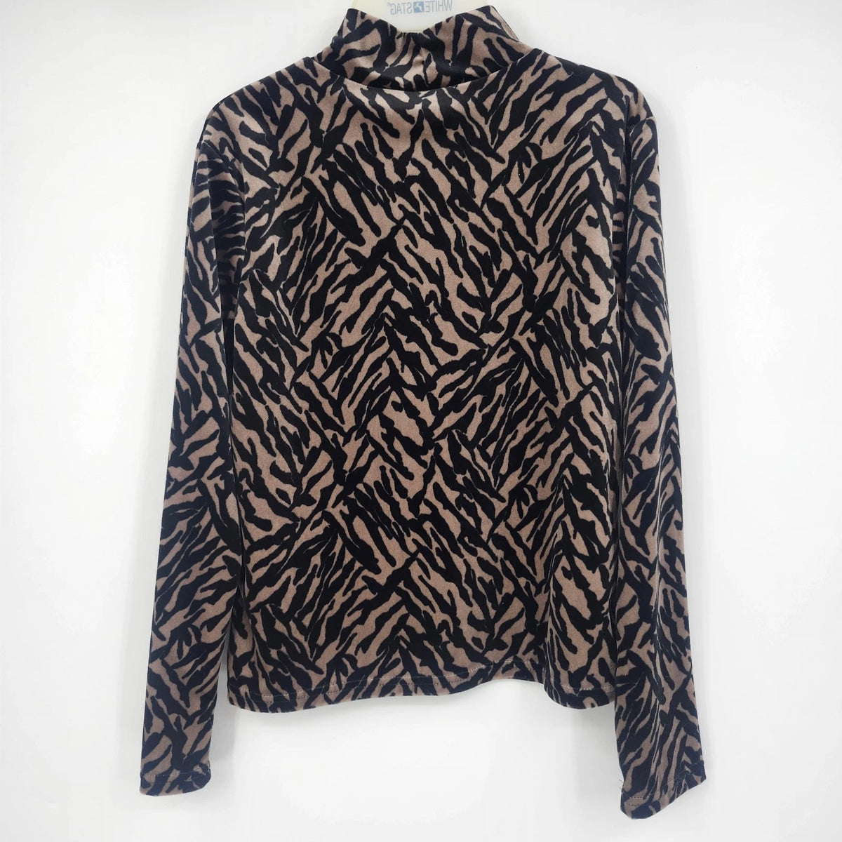 SML Sport Women's Large Zebra Print Velvet Mock Neck Top Black Tan Polyester USA