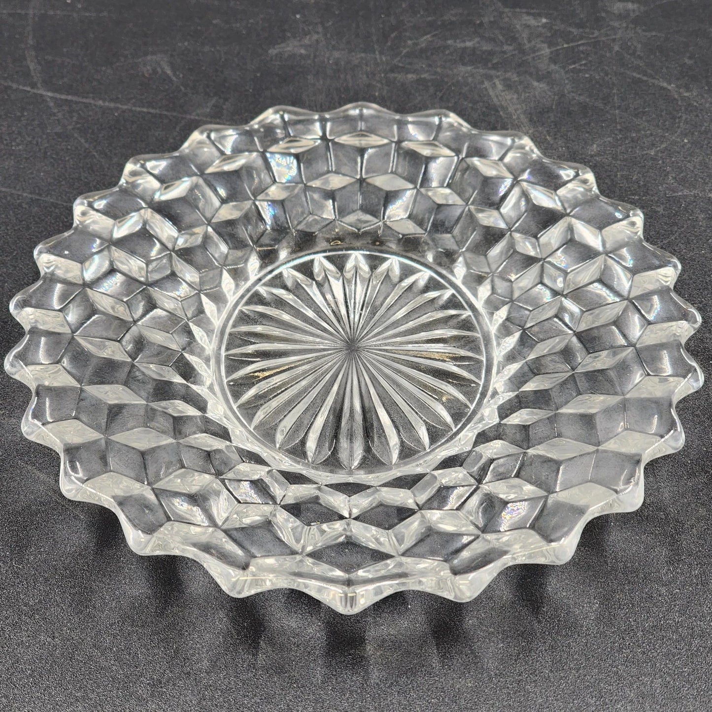 Fostoria American Clear Oval Plate 8" x 6.5" Cubist Design Pressed Glass Vintage