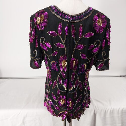 Steney Silk Top Black Pink Sequin Floral Leaf Short Sleeve Zipper Closure Large