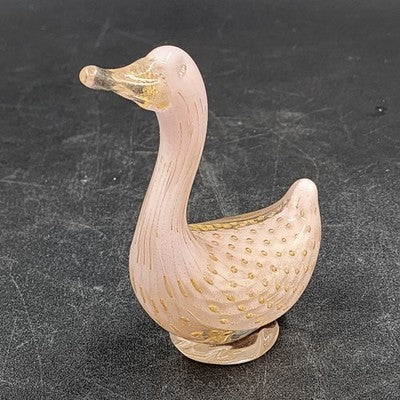 Murano Pink Art Glass Duck with Gold Bullicante Alfredo Barbini Italian 4.5"