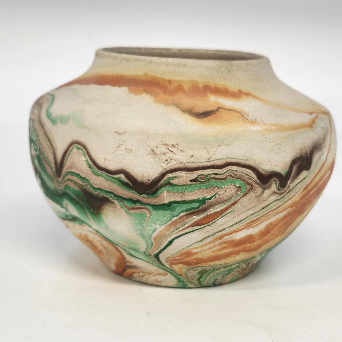 Nemadji Pottery Vase 5.5" Natural Clay Green Orange Swirl Marbled Vintage USA