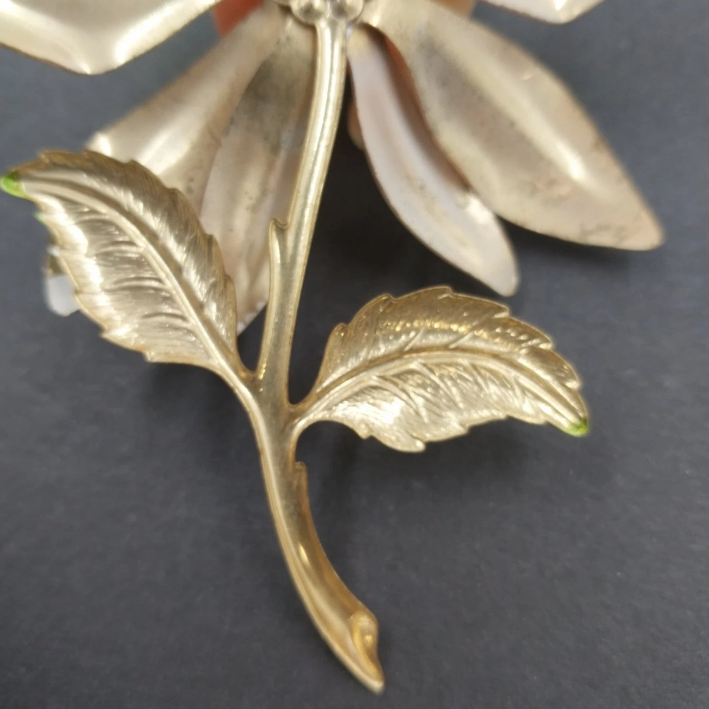 Orange Fabric Rose Brooch Gold Tone Stem Green Enamel Leaves Vintage