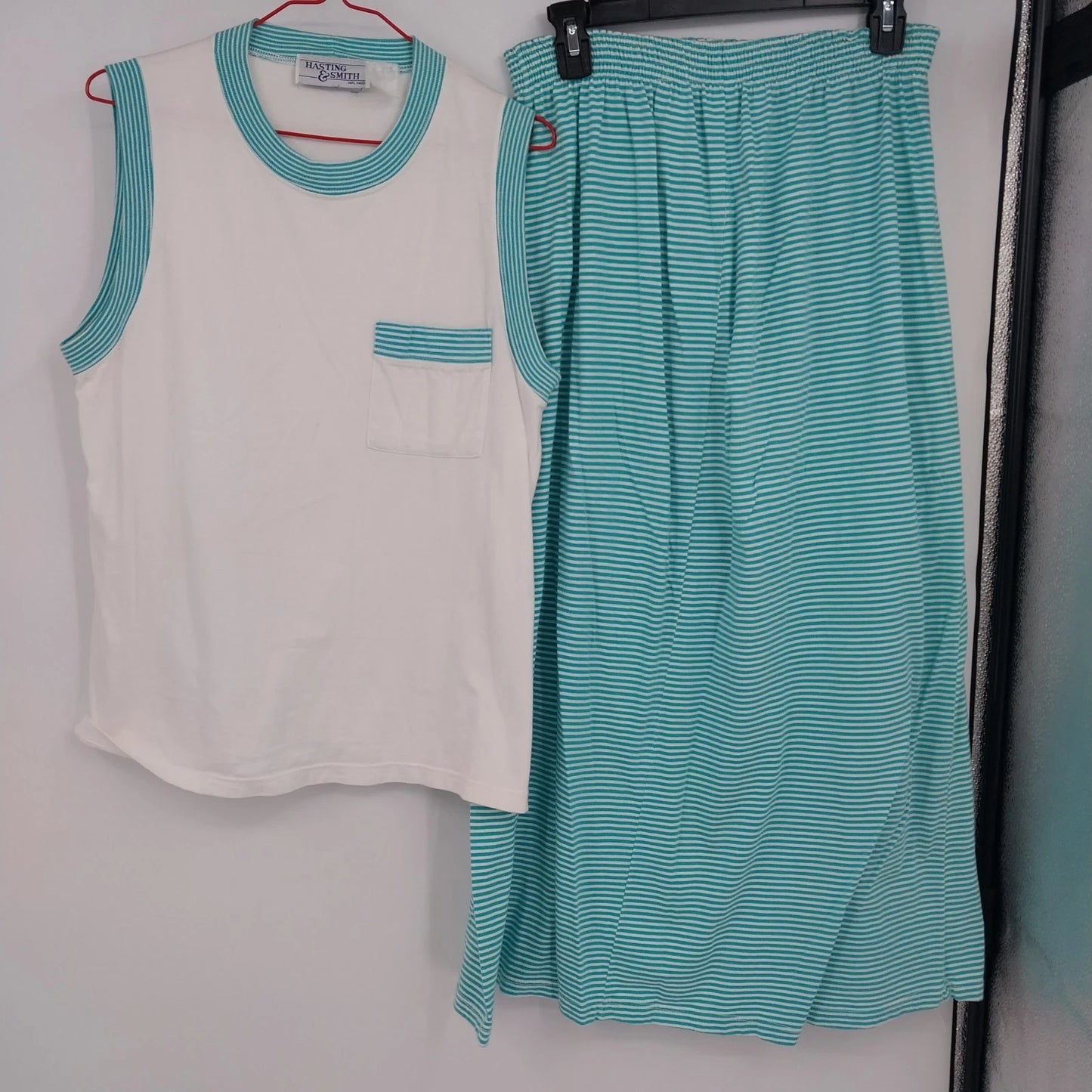 Hastings & Smith Tank Top Skirt 2 pc Set Womens Aqua White Striped Sleeveless