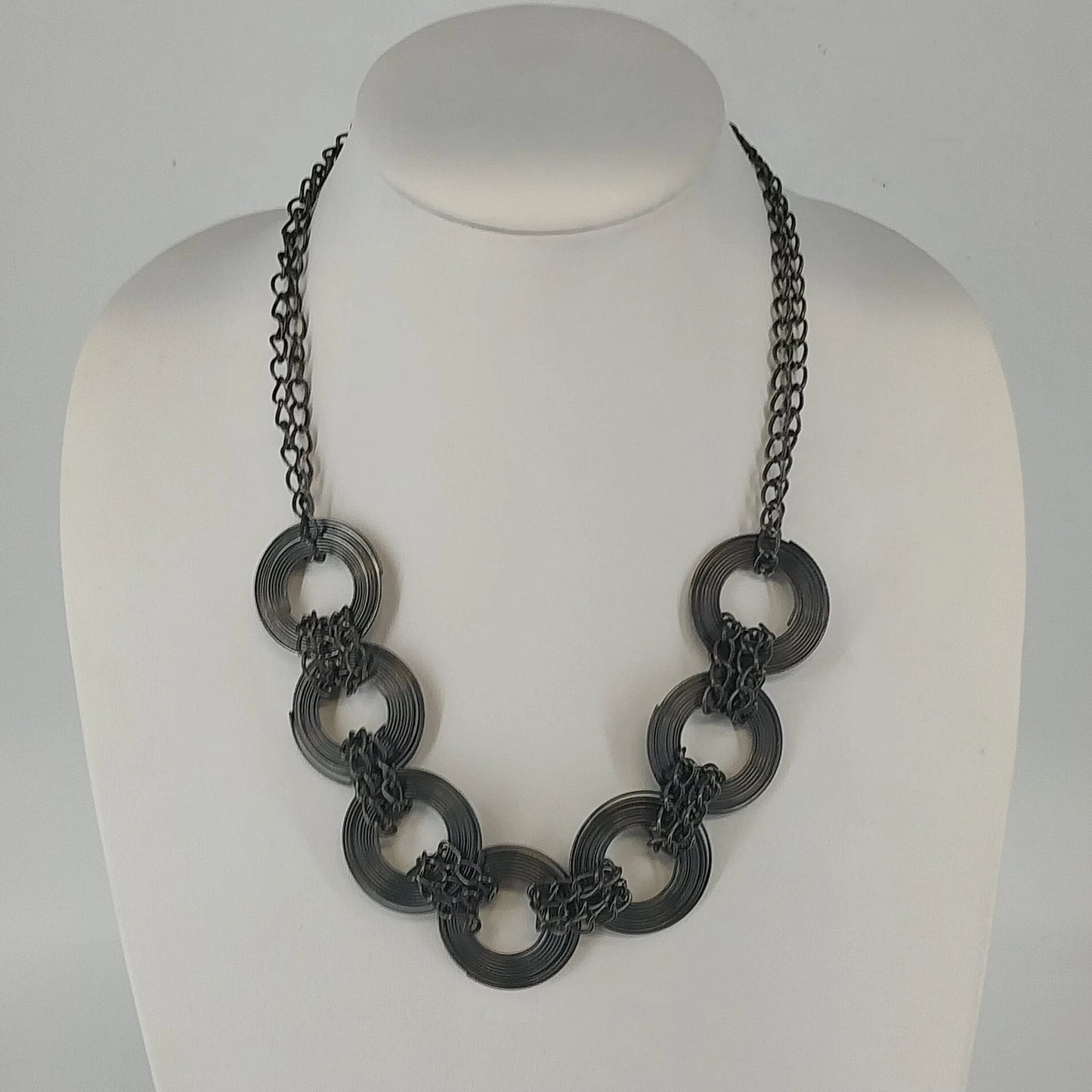 Gunmetal Chain Link Statement Necklace Oversized Circle Runway Fashion Vintage