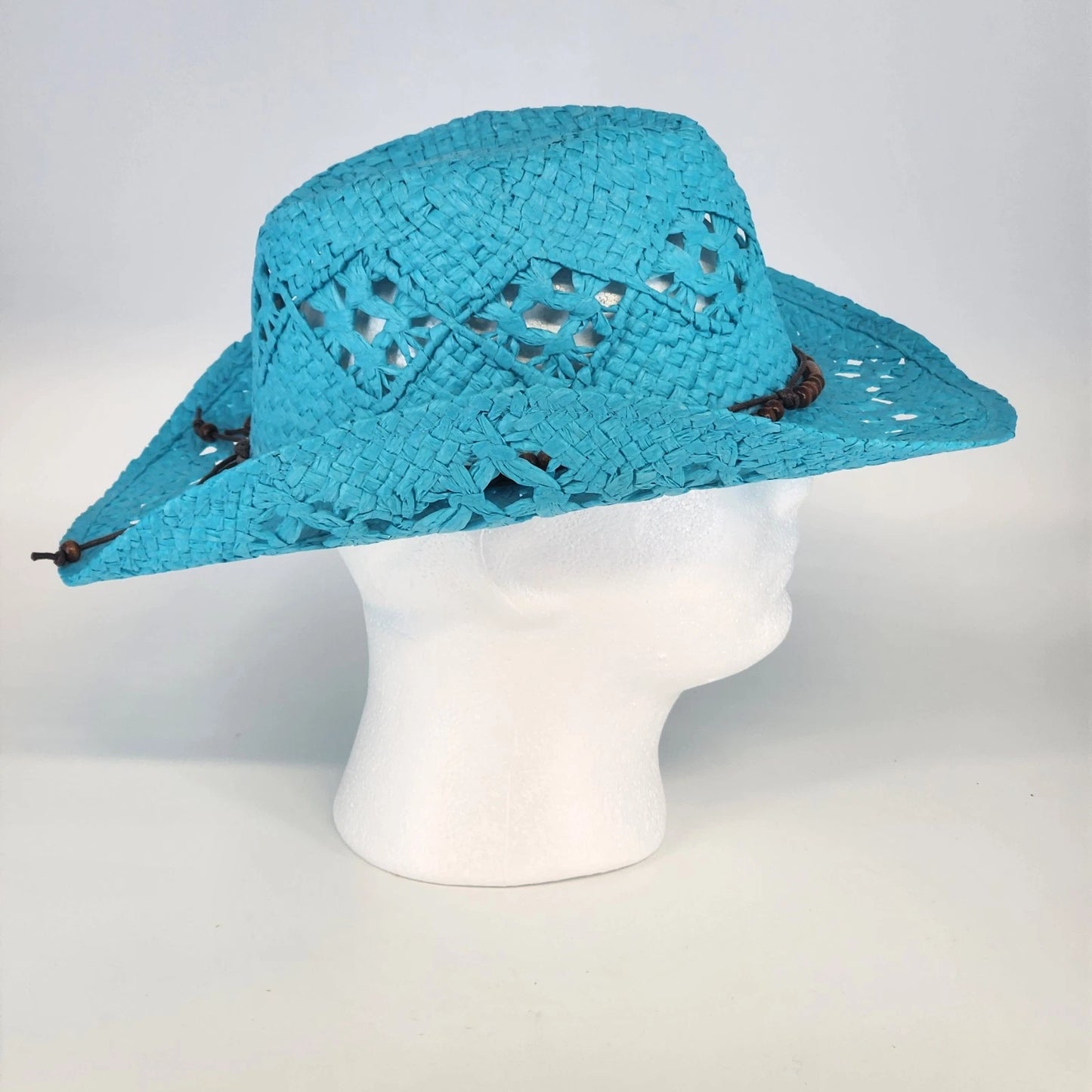 Something Special Turquoise Cowboy Hat Paper Straw Open Weave Brown Beads Boho