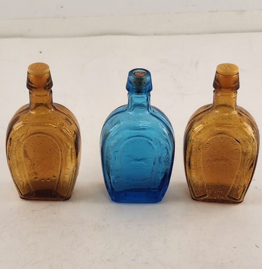 3 Horseshoe Bottle Salt Pepper Blue Amber Miniature 3.25" Glass Bitters